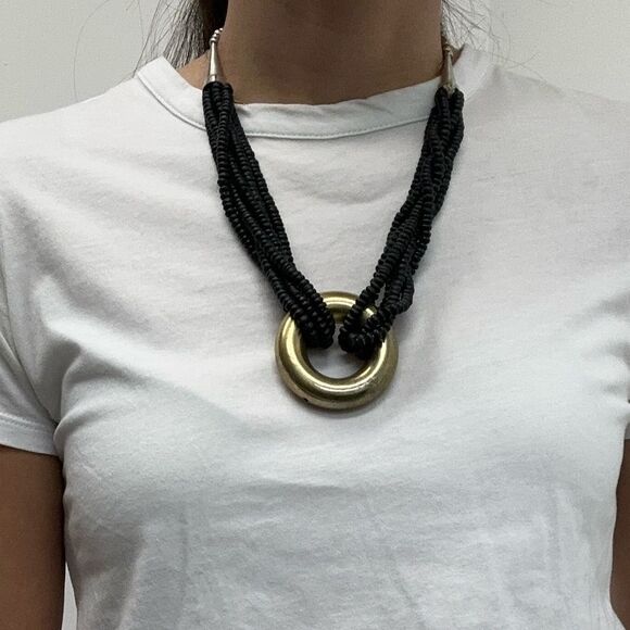 Mix Metal & Black Bead Vintage 80's Chunky Statement Necklace 22" - Picture 2 of 9